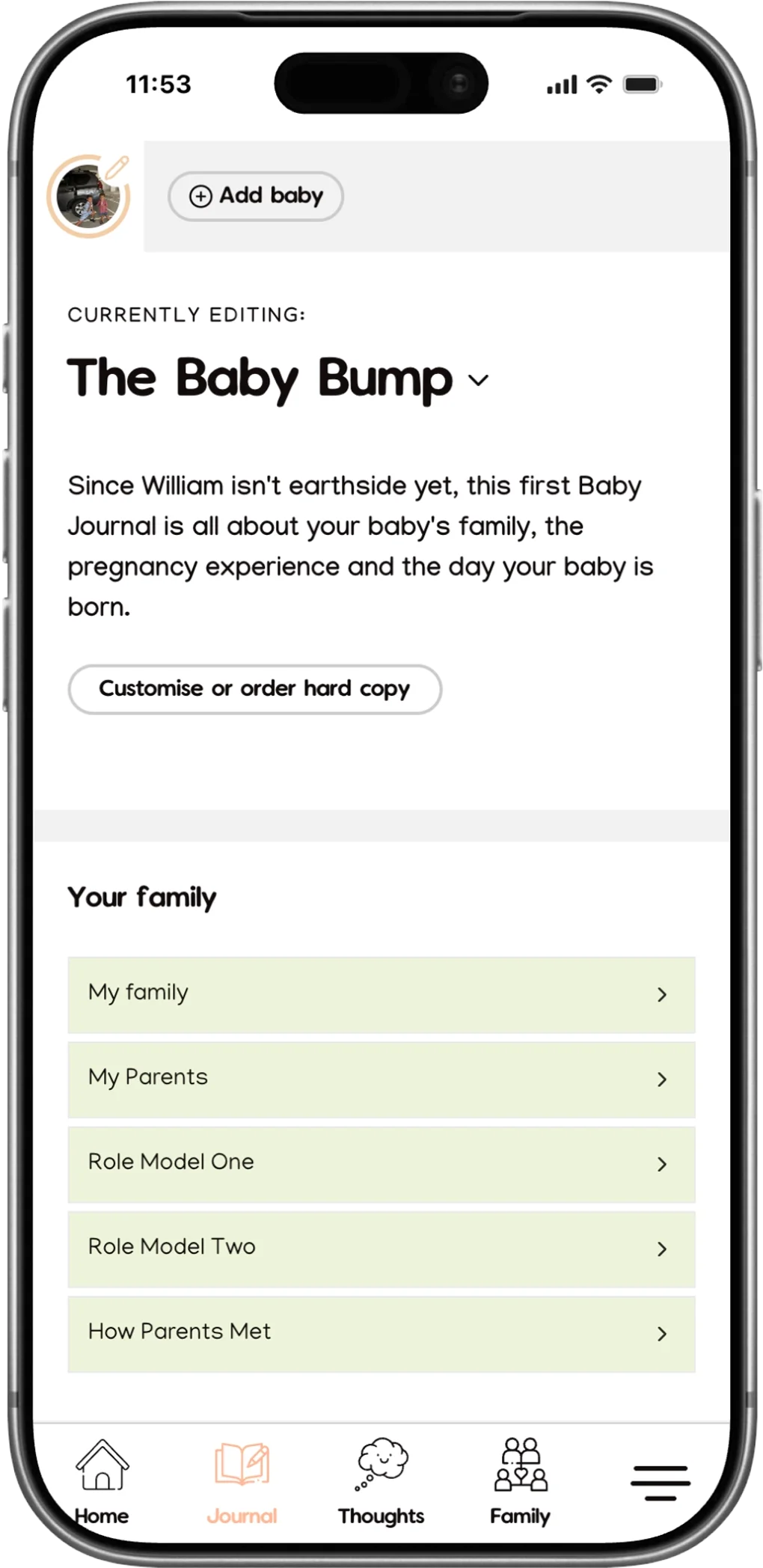 Makia Baby Bump Journal app home screen