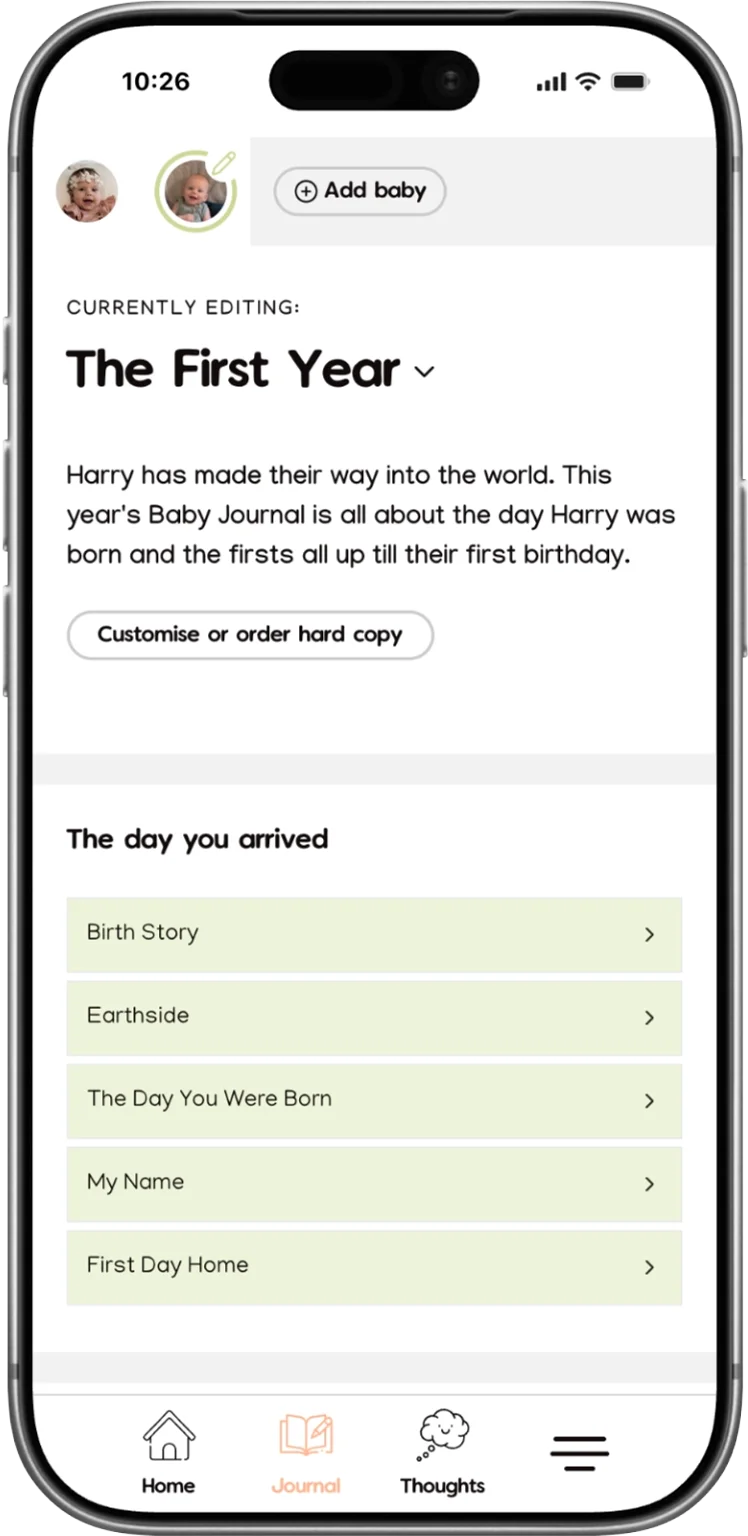 Makia First Year Journal app home screenshot